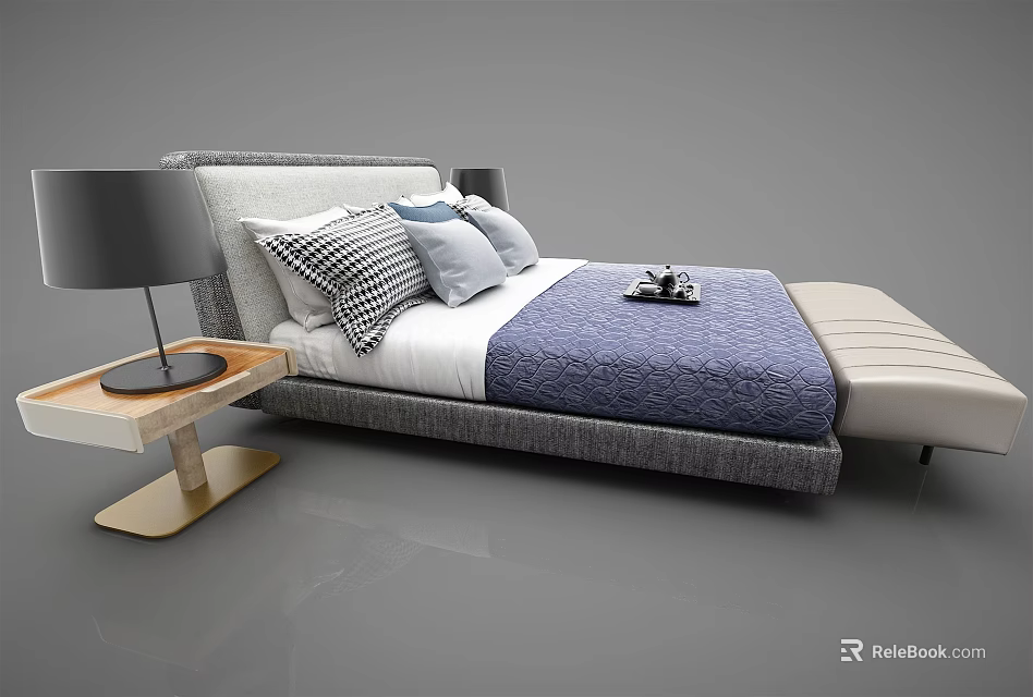 Modern Double Bed With Bedside Table Lamp Pillows Blue Blanket And Bench 3d model