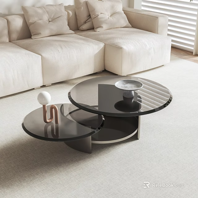 Modern Two Tier Glass Top Coffee Table With Metal Frame Decorative Items Sofa And Rug 3d model 