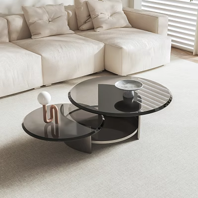 Modern Two Tier Glass Top Coffee Table With Metal Frame Decorative Items Sofa And Rug 3d model