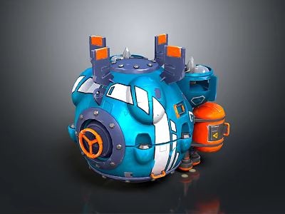 Blue Spherical Cosmic Spaceship With Orange Thrusters And Exploration Equipment 3d model