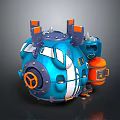 Blue Spherical Cosmic Spaceship With Orange Thrusters And Exploration Equipment 3d model