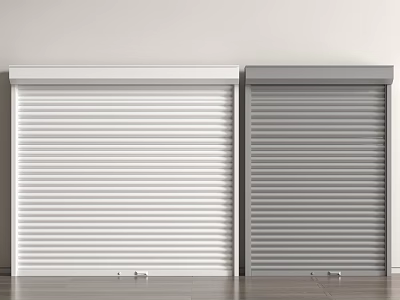 White And Gray Roller Doors In Indoor Space With Wooden Floor And White Wall 3d model