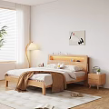 Modern Wooden Double Bed With LED Headboard White Sheets Brown Blanket Nightstand Decorative Painting