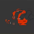 Red Robot Character From Game Movie With Mechanical Arm On Yellow Platform And Transparent Cube
