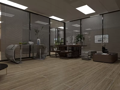 Modern Office Reception Area Design With Front Desk Chairs And Potted Plants 3d model