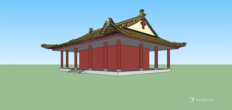 Traditional Chinese Ancient Architecture With Red Walls Golden Roof And Traditional Eaves Design 3d model 