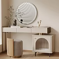 Modern Vanity Table With Round Striped Mirror Drawers Stool And Potted Plant 3d model