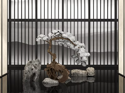 Zen Style Garden Ornament With Bonsai Pine Rock And Wooden Screen 3d model