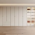 Modern White Wardrobe With Sleek Design And Lighted Storage Shelves On Wooden Floor