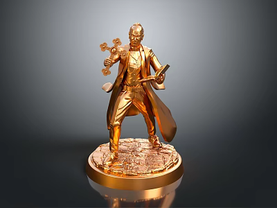 Golden Man Statue Wearing Long Coat Holding Cross And Book On Base 3d model