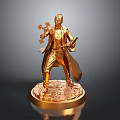 Golden Man Statue Wearing Long Coat Holding Cross And Book On Base