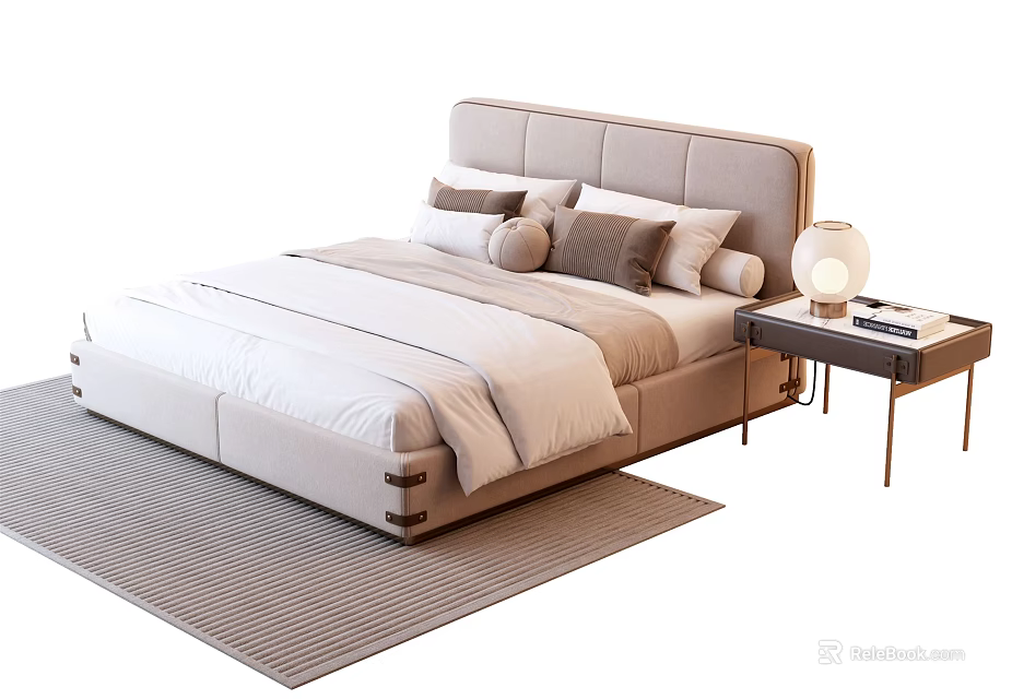 Modern Double Bed With Upholstered Headboard Colored Pillows And Bedside Lamp On Light Gray Rug 3d model 
