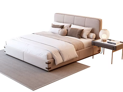 Modern Double Bed With Upholstered Headboard Colored Pillows And Bedside Lamp On Light Gray Rug 3d model