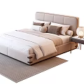 Modern Double Bed With Upholstered Headboard Colored Pillows And Bedside Lamp On Light Gray Rug