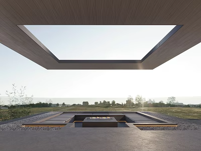 Modern Villa Balcony With Wooden Ceiling Skylight Fire Pit And Natural Landscape 3d model
