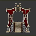 Ornate Red And Gold Decorative Gate Structure With Staircase And Metal Accents