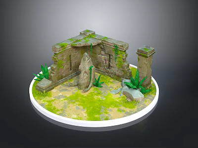 Ancient Ruins Landscape With Broken Stone Walls Pillars Green Vines Ferns On Sandy Mossy Ground 3d model
