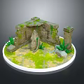 Ancient Ruins Landscape With Broken Stone Walls Pillars Green Vines Ferns On Sandy Mossy Ground