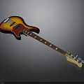 Electric Bass With Orange Red Gradient Body Black Neck White Fret Markers And Gray Background