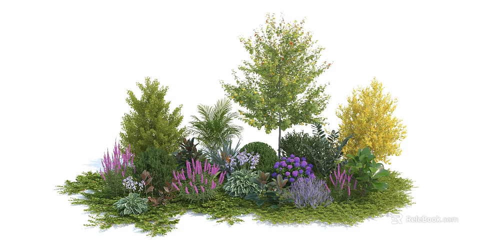 Tree Centerpiece with Various Plants Shrubs and Colorful Flowers in Garden Setting 3d model 