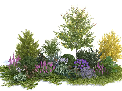 Tree Centerpiece with Various Plants Shrubs and Colorful Flowers in Garden Setting 3d model