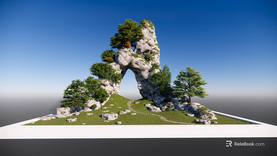 Bonsai Pot Plant With Rock Arch Green Trees Grass and Stones 3d model 