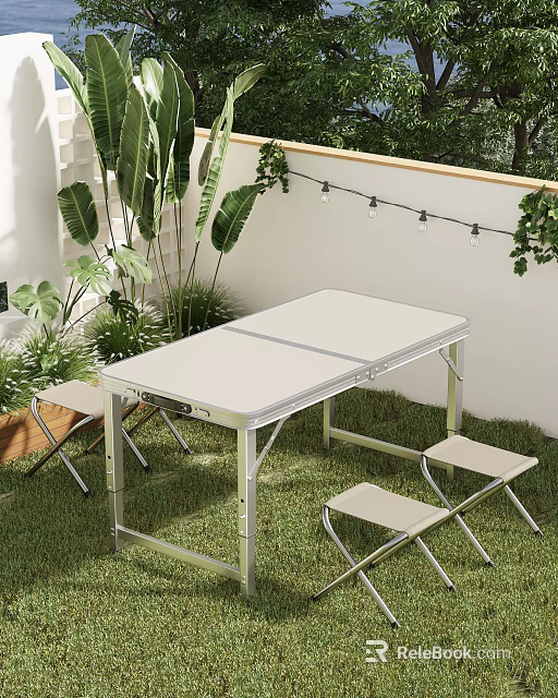 Outdoor Foldable Table with White Tabletop on Grass Lawn Green Plants Stools and String Lights 3d model 