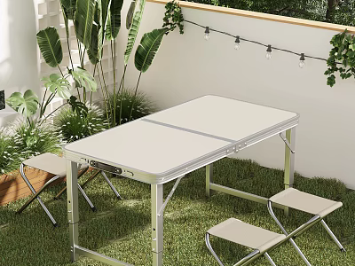 Outdoor Foldable Table with White Tabletop on Grass Lawn Green Plants Stools and String Lights 3d model