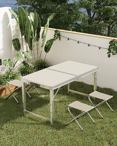 Outdoor Foldable Table with White Tabletop on Grass Lawn Green Plants Stools and String Lights 3d model