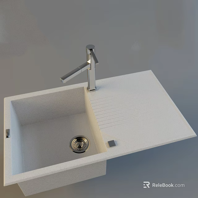 Modern Kitchen Sink With White Countertop And Chrome Faucet Drainage Design 3d model 