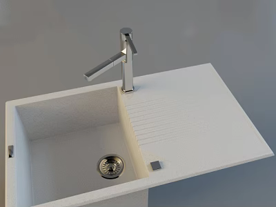 Modern Kitchen Sink With White Countertop And Chrome Faucet Drainage Design 3d model