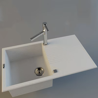 Modern Kitchen Sink With White Countertop And Chrome Faucet Drainage Design 3d model