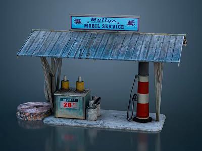 Millys Mobile Service Station Featuring Blue Sign Metal Roof Yellow Jars And Red White Striped Pole 3d model