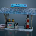 Millys Mobile Service Station Featuring Blue Sign Metal Roof Yellow Jars And Red White Striped Pole