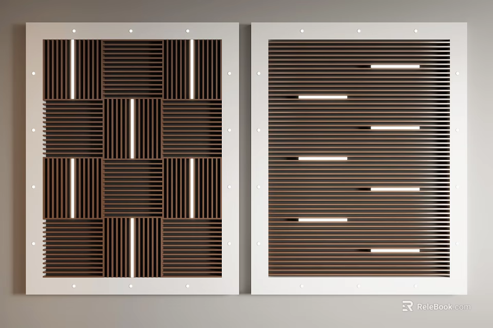 Modern Ceiling Panels With Grid Design Horizontal Stripes And Wooden White Frame 3d model