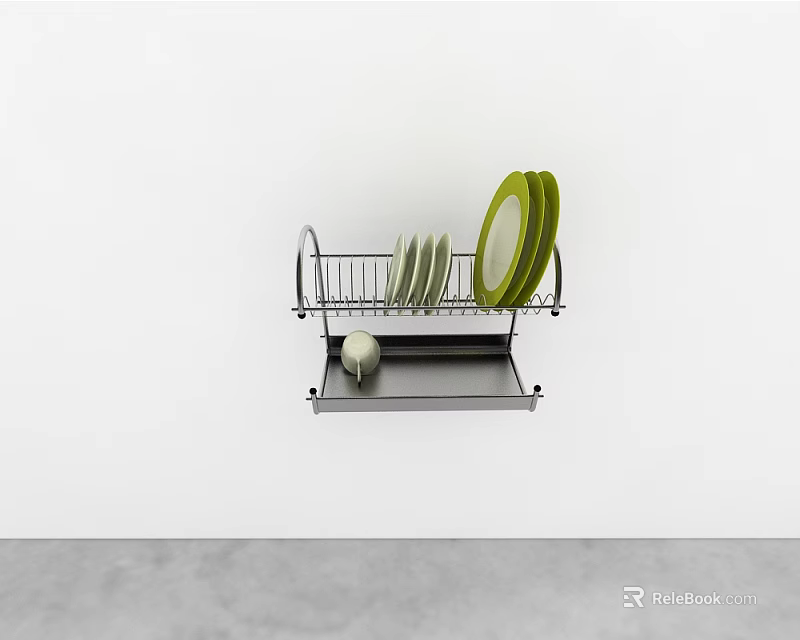 Organized Wall Mounted Kitchen Dinnerware Set With Dish Rack Plates And Cup Storage 3d model 