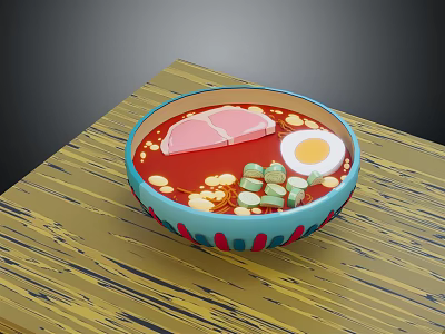 Tasty Ramen With Sliced Pork Soft Boiled Egg Green Vegetables Red Broth On Wooden Table 3d model