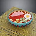 Tasty Ramen With Sliced Pork Soft Boiled Egg Green Vegetables Red Broth On Wooden Table