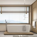 Elegant Modern Bathroom Interior Design With Freestanding Bathtub Large Window And Wooden Vanity