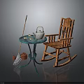 Wooden Rocking Chair And Blue Round Table With Teapot Cups Broom And Small Stool