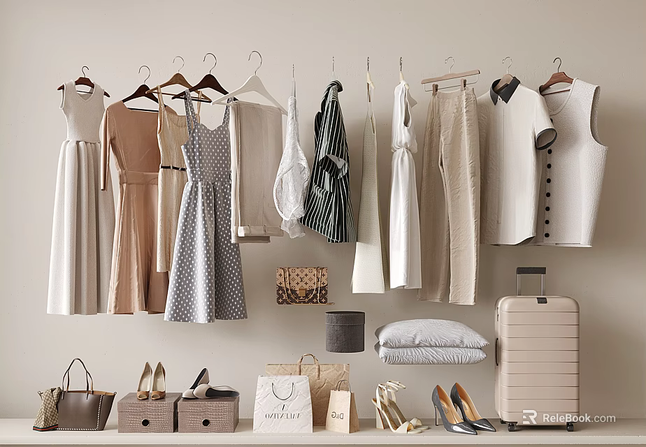 Stylish Clothes Hanging With Dresses Shirts And Pants Bags Shoes And Suitcase For Wardrobe 3d model 