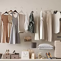 Stylish Clothes Hanging With Dresses Shirts And Pants Bags Shoes And Suitcase For Wardrobe