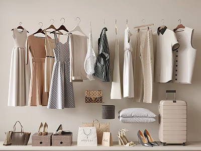 Stylish Clothes Hanging With Dresses Shirts And Pants Bags Shoes And Suitcase For Wardrobe 3d model