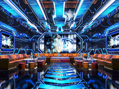 Modern KTV Interior Design With Hi Tech Lighting Comfortable Sofas And Large Screens 3d model