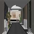 Traditional Chinese Elevator Hallway With Stone Lion Statues Green Plants Slate Floor And Wooden Decor