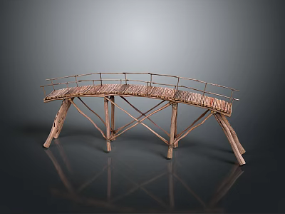 Bamboo Bridge With Arched Structure Natural Wooden Railings And Rustic Design 3d model