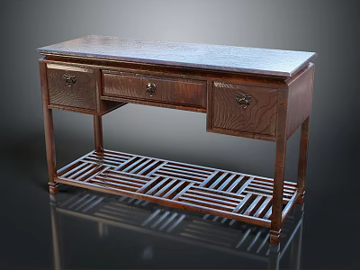 Traditional Wooden Desk With Decorative Drawers And Geometric Lattice Lower Shelf 3d model
