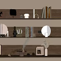 Stylish Decorative Ornaments Set On Wooden Shelves With Vase Mirror Books And Candle