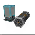 Sci Fi Scene Components With Blue Illuminated Square Panel And Hexagonal Gold Strapped Box