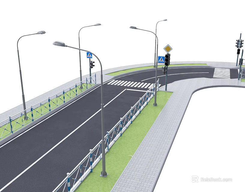 Urban Road Facilities With Street Lamps Traffic Lights Zebra Crossing Guardrails And Sidewalks 3d model 